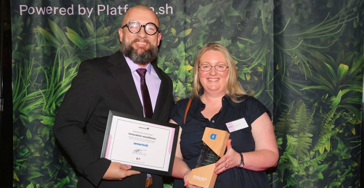 Annertech's Stella Power, and Rohan Nair, Annertech's partner manager at Platform.sh with the innovation excellence award.
