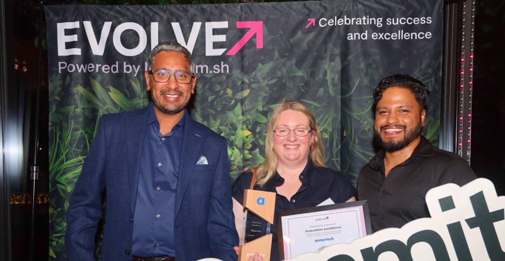 Tejas Patel, an account manager at Platform.sh, Annertech's Stella Power, and Rohan Nair, Annertech's partner manager at Platform.sh celebrate in Paris.