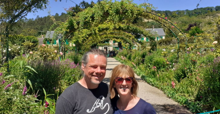 Anthony Lindsay and Claire O'Brien are in the lush surroundings of Monet's garden in France.