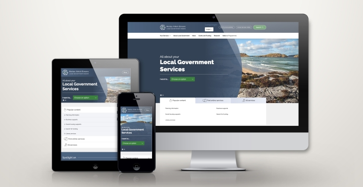 The new Local Government Ireland digital home is displayed on tablet, phone and computer screens.