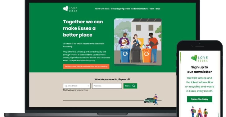 The Love Essex website is viewed on a phone and laptop.