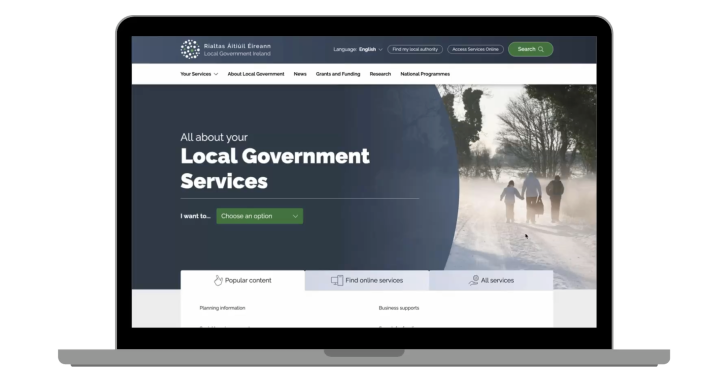 The new Local Government Ireland digital home is displayed on a laptop screen.