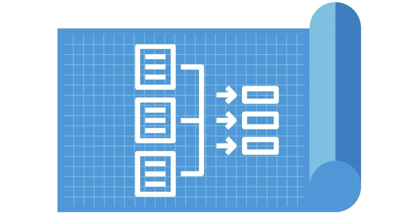 A blueprint with a white graphic on it with arrows flowing from web pages to information blocks