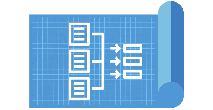 A blueprint with a white graphic on it with arrows flowing from web pages to information blocks