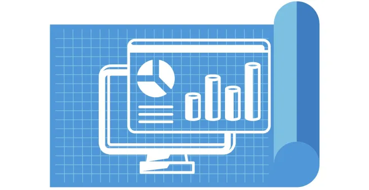 A blueprint with a white graphic on it that shows graphs on a computer screen.
