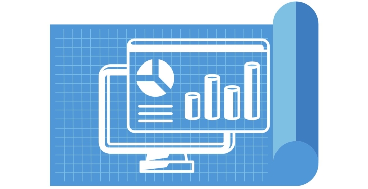 A blueprint with a white graphic on it that shows graphs on a computer screen.