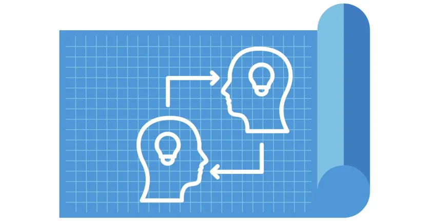 A blueprint with a white graphic on it with arrows flowing from two heads with light bulbs in them