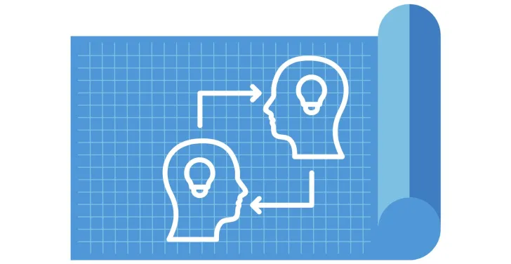 A blueprint with a white graphic on it with arrows flowing from two heads with light bulbs in them