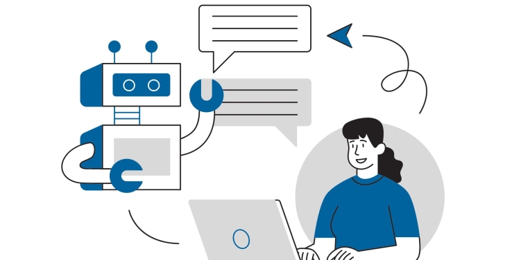 A woman types on her laptop, interacting with a chatbot