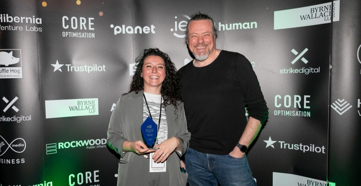 Oxfam's Elodie Flenniau and Annertech's Anthony Lindsay with the runner-up trophy at the National Digital Awards for Oxfam Ireland.