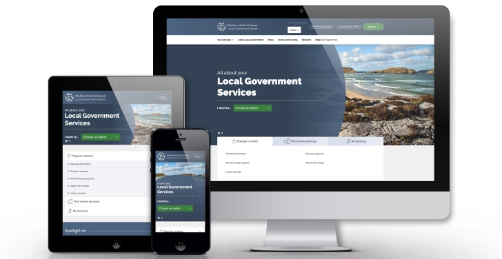 The Local Government Ireland website on a tablet, phone and computer screen.