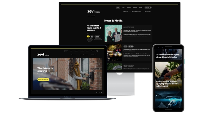 The new Zero Emission Vehicles Ireland website is displayed on computer, tablet and phone screens.