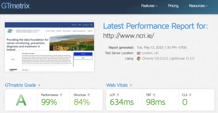 A screenshot of the NCRI GTMetrix report shows its Grade A rating.