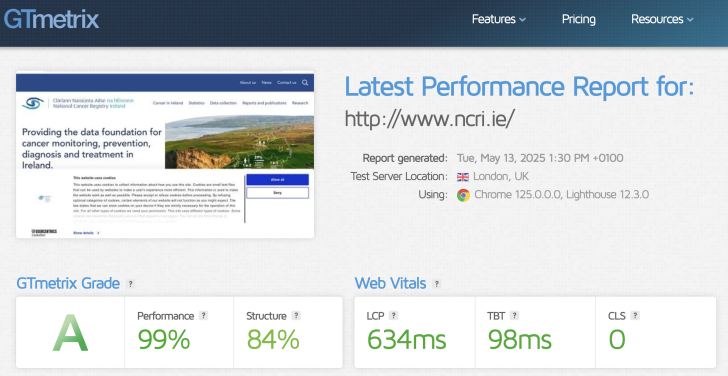 A screenshot of the NCRI GTMetrix report shows its Grade A rating.