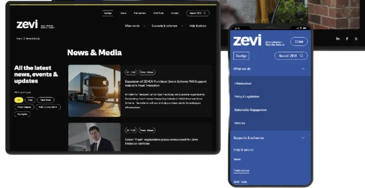 The Zevi website is seen on a phone, tablet and computer screen.