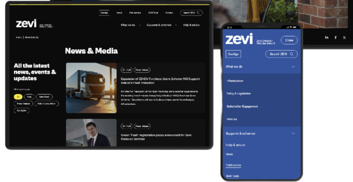 The Zevi website is seen on a phone, tablet and computer screen.