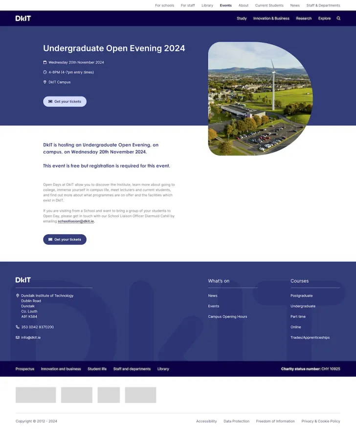 An event-type layout is shown in which the D of the DkIT logo features prominently.