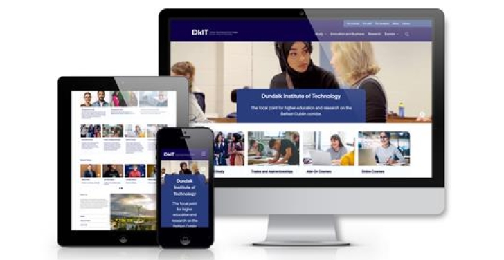 The new DkIT website appears on a computer, tablet and phone screen