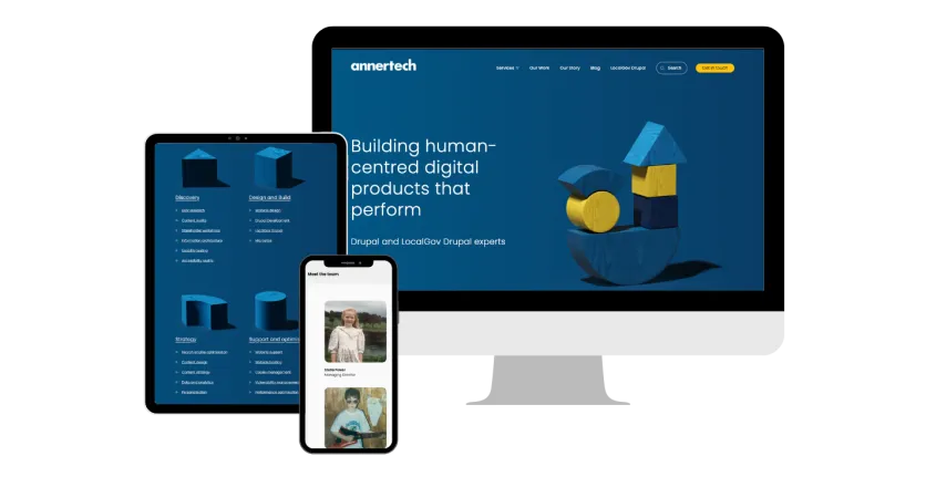 The new Annertech website as seen on a tablet, phone and computer screen.