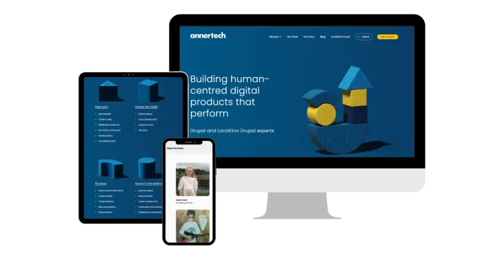 The new Annertech website as seen on a tablet, phone and computer screen.