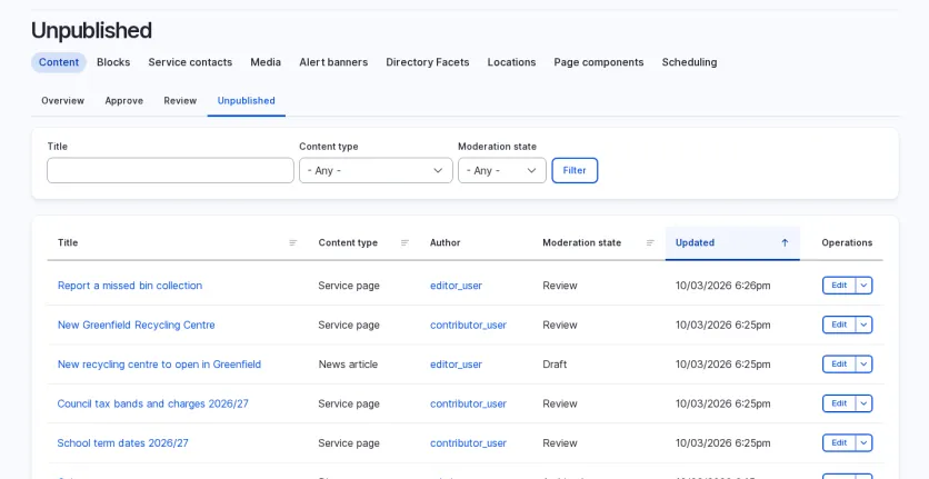 Approvals dashboard in Drupal showing a list of content in Review and Draft states.