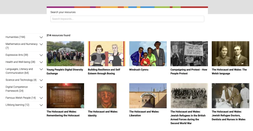 Search interface on the People’s Collection Wales Learn page, showing filters for age group, curriculum area and lifelong learning resources.