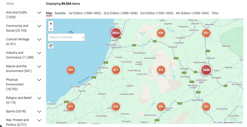 A screenshot of the Maps function on the Peoples Collection of Wales website.