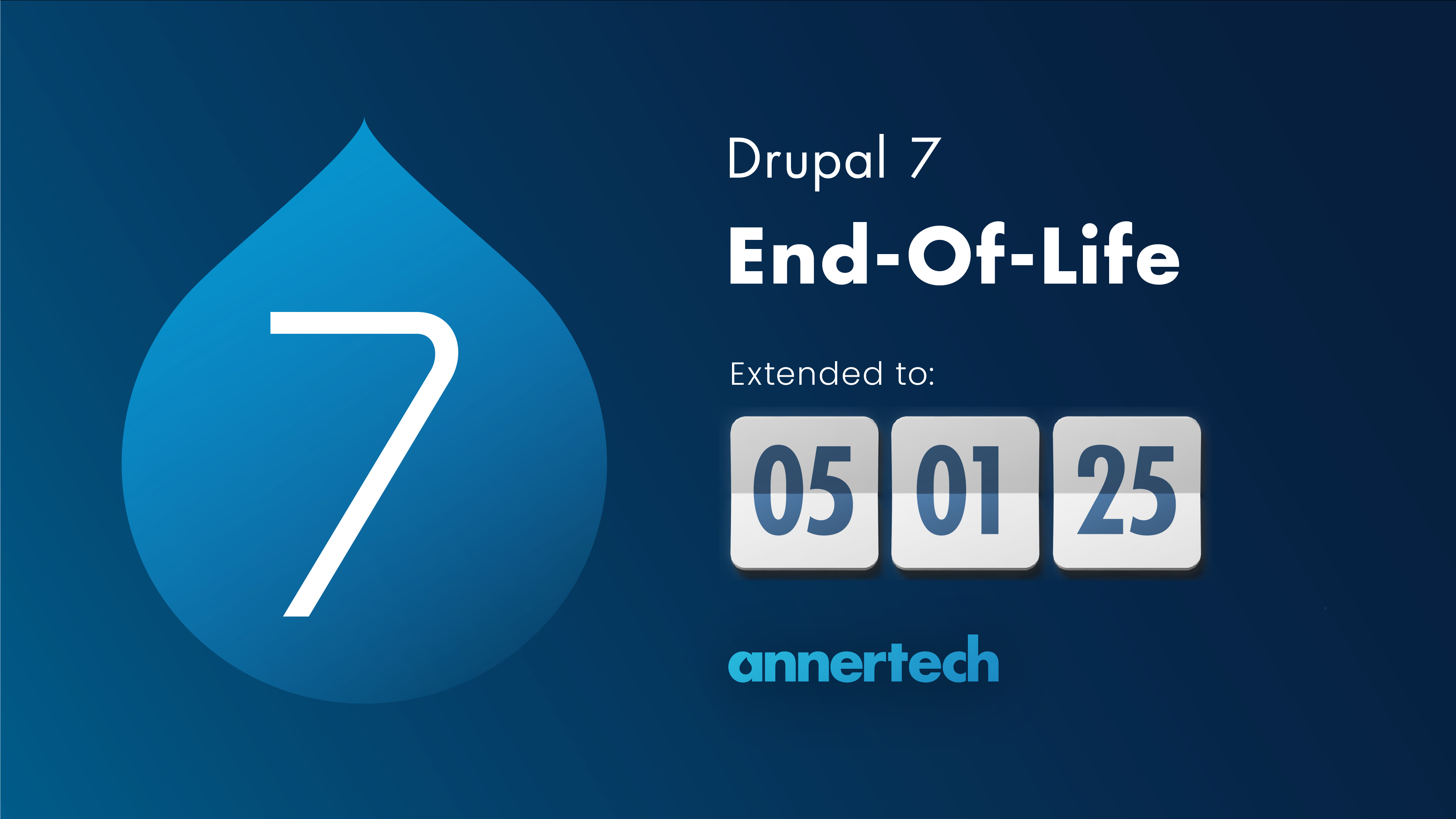 The Drupal 7 logo appears with an end-of-life countdown clock set to 5 January 2025.