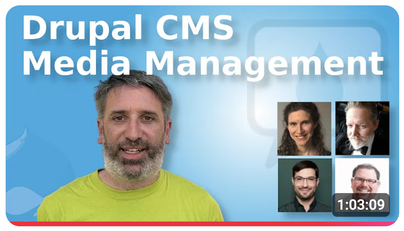 Tony Barker's image appears on a screen with four other people who took part in the Talking Drupal: Drupal CMS Media Management edition