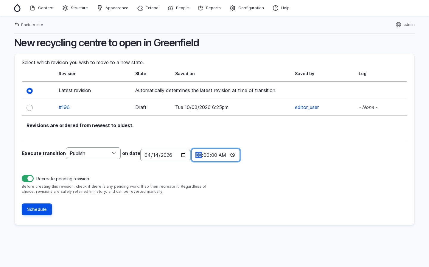 The publication scheduling settings form for the content.