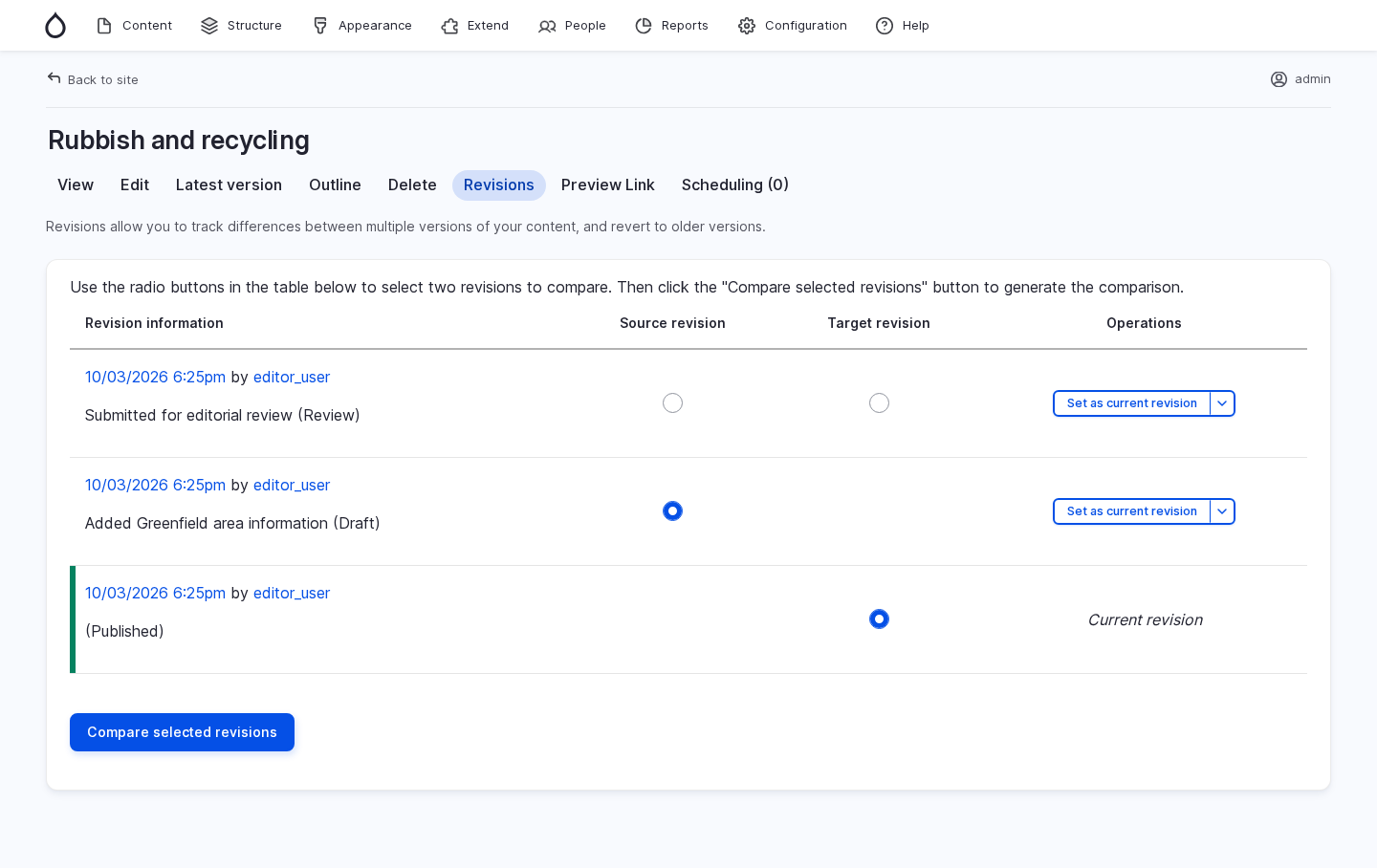 Revisions list for a page of content showing that you can select two revisions to compare.
