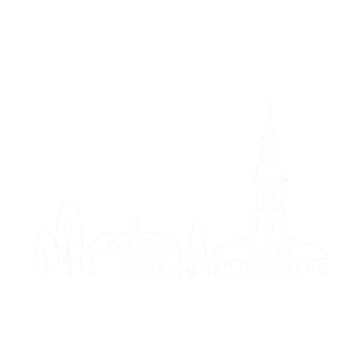 A white town scene is sketched on a blue background. 