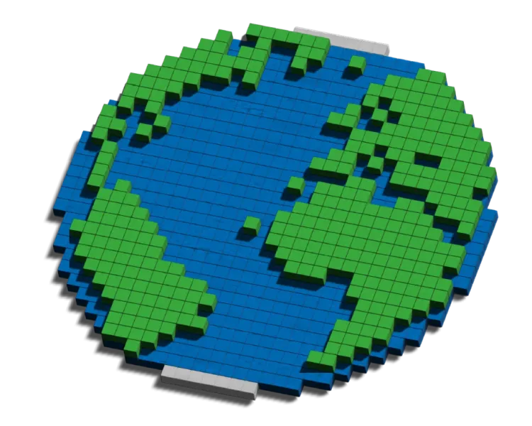 Green and blue blocks form a 2D globe of Earth.