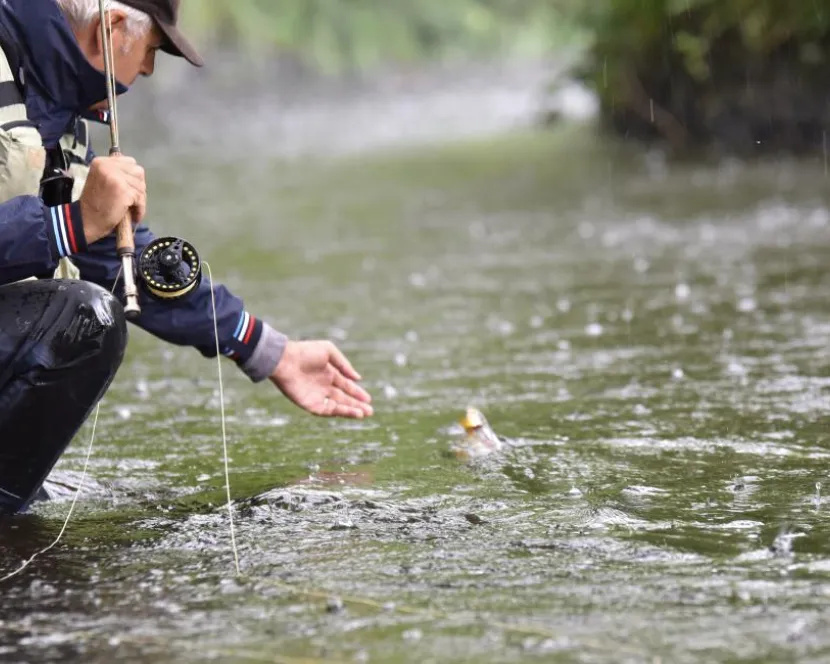 A fisherman catches a fish in a river in Ireland