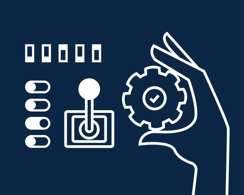 A hand holding a cog next to switches and a lever.