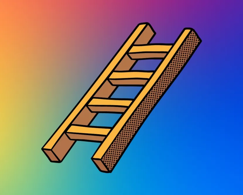 A cartoon ladder appears against a colourful background