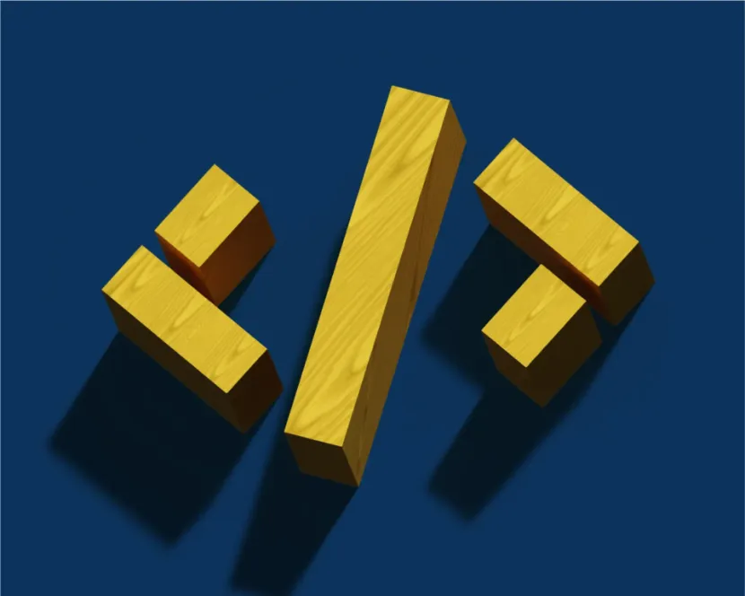 Yellow blocks make up a forward slash inside angle brackets to represent development work.