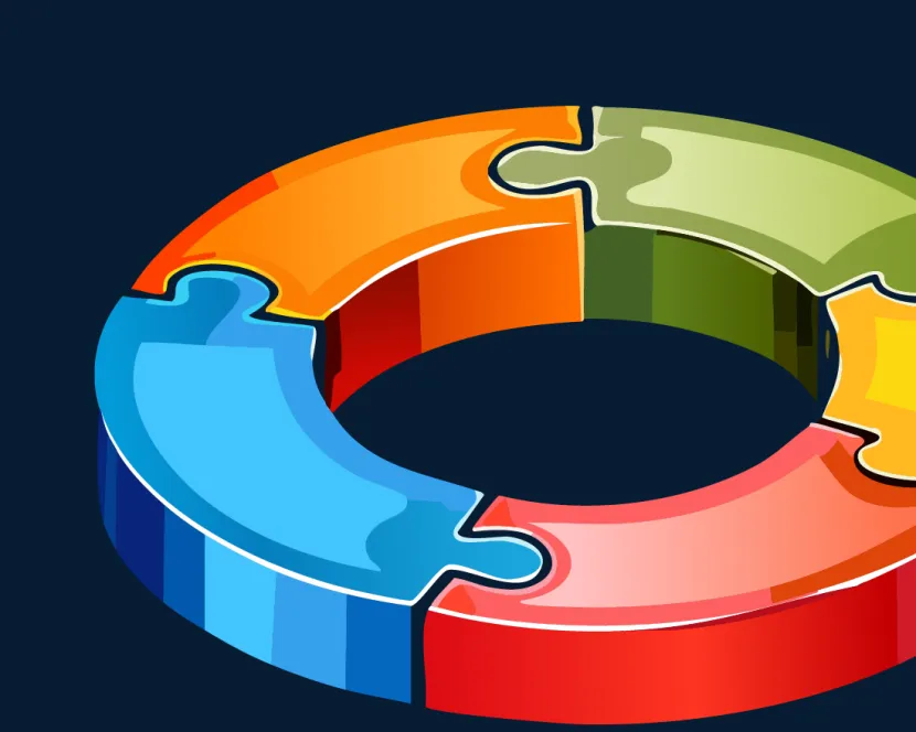 Brightly coloured interlocking puzzle pieces make up a circle