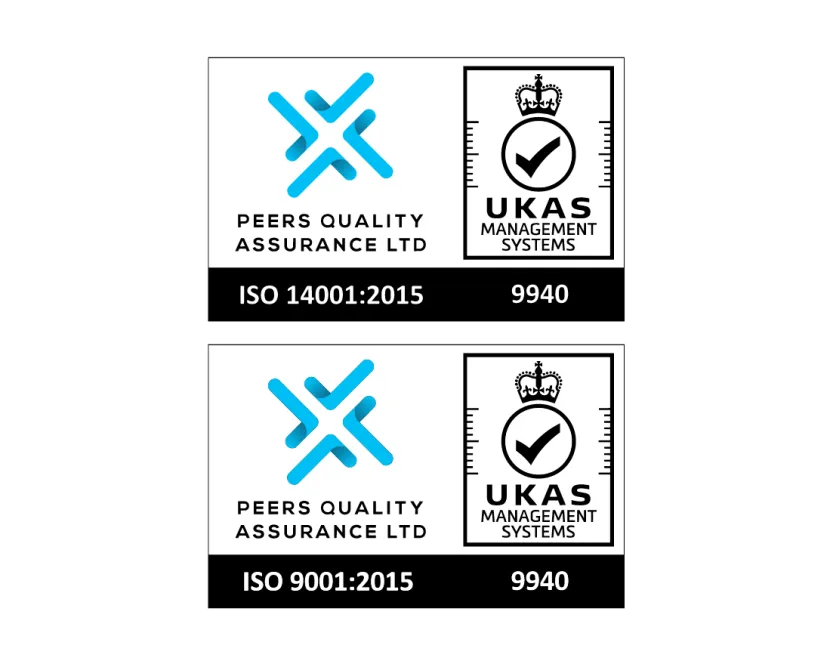 Official ISO 14001 and ISO 9001 certification badges.