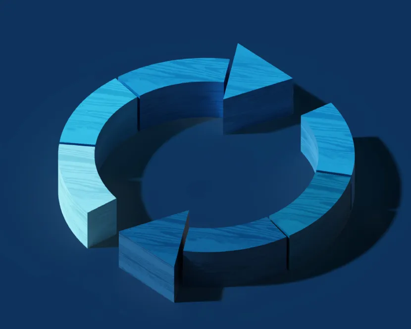 Blue arrows moving in a circle depict the Drupal life cycle.