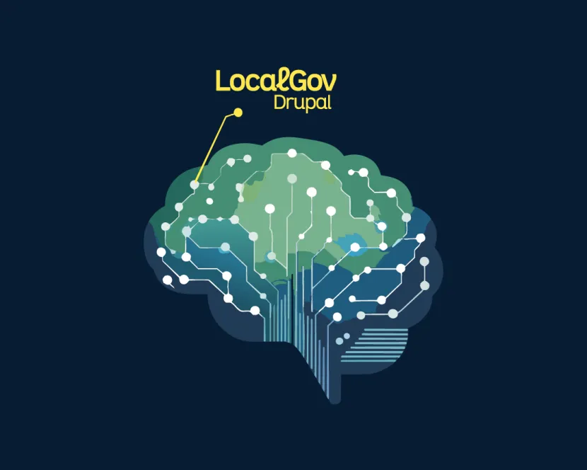 A brain with pathways that are lit up, one of which has a link to the LocalGov Drupal logo