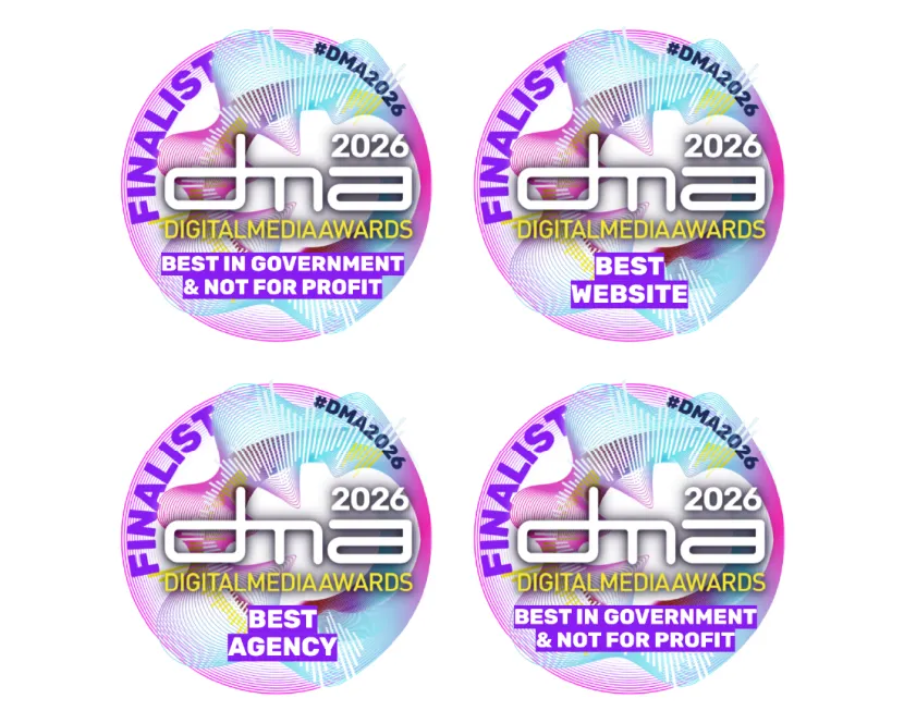 Four Digital Media Awards finalist badges.