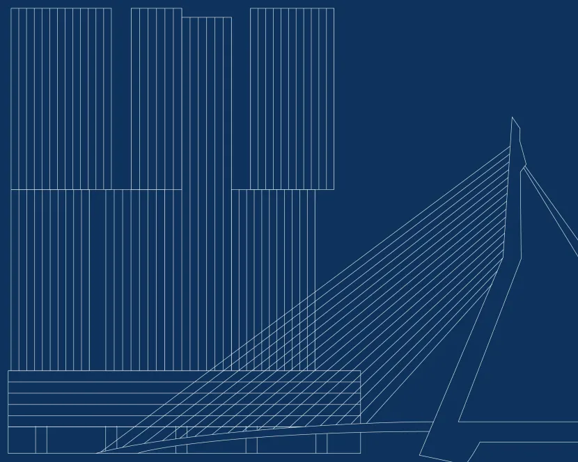 Rotterdam's iconic central station and cantilevered block buildings in a blue-print style.