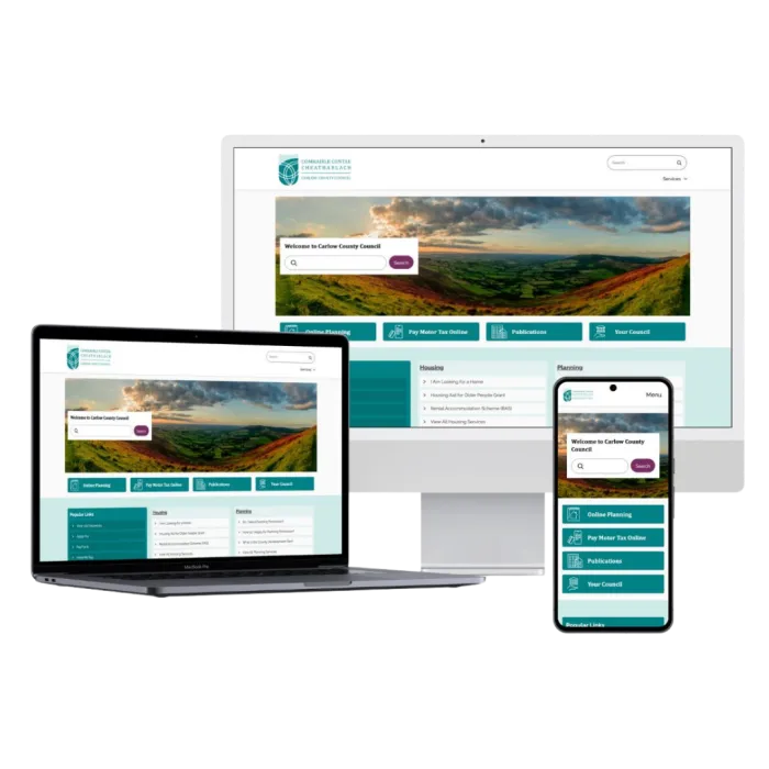 Carlow County Council's website is seen on a laptop, computer screen and phone.