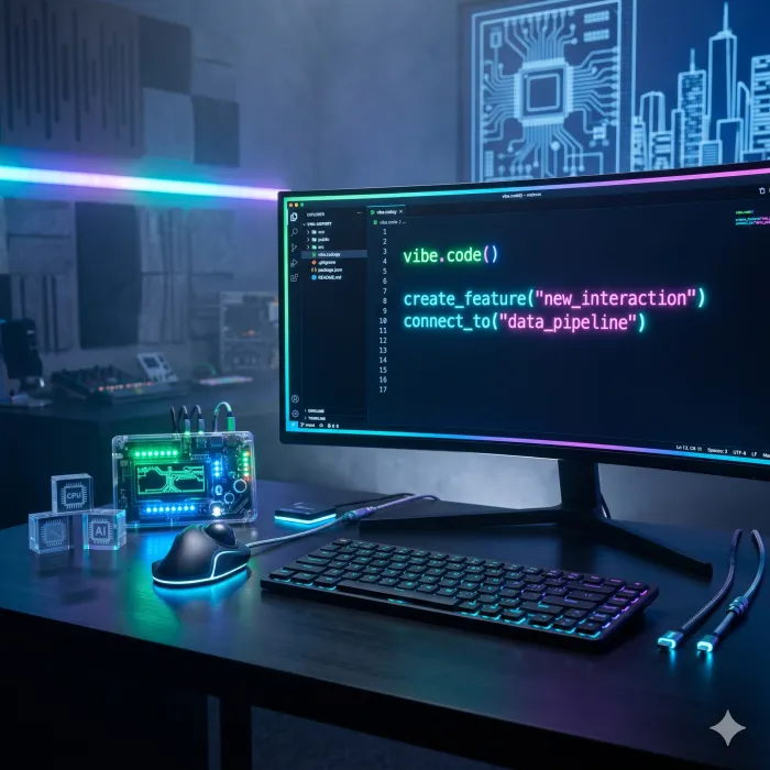 A dark cyberpunk workstation with an ultrawide monitor displaying glowing code, a neon backlit keyboard and tech gadgets.