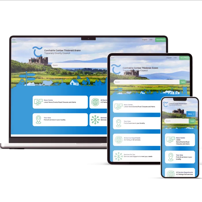 Tipperary County Council's new website appears on a laptop, tablet and phone screen.