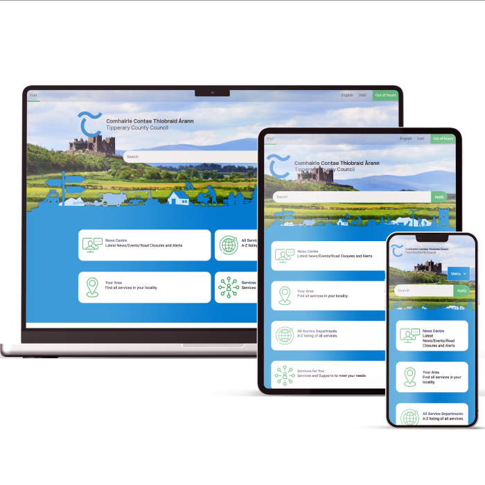 Tipperary County Council's new website appears on a laptop, tablet and phone screen.