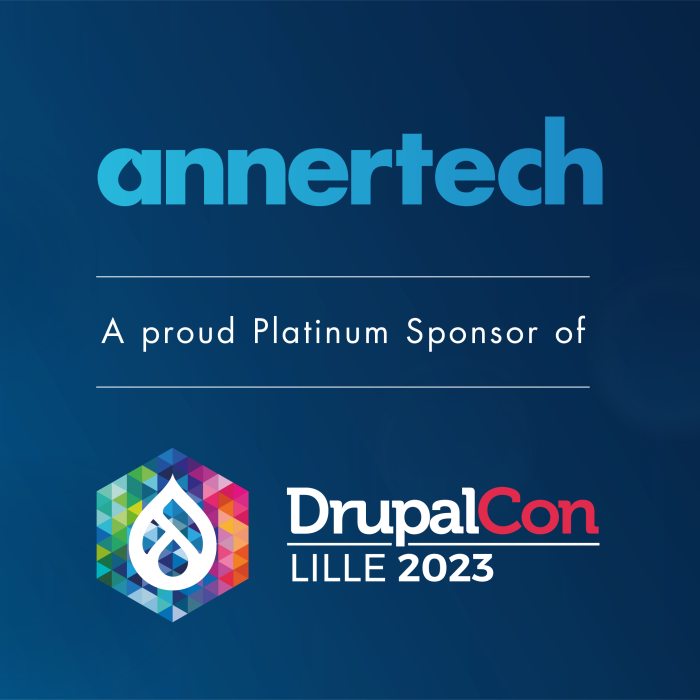 Annertech’s logo appears on top, followed by the words “A proud platinum sponsor of“ and then the DrupalCon logo, which is a drop surrounded by coloured confetti. 