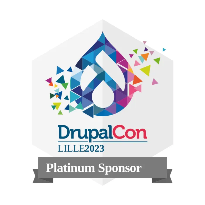 DrupalCon's logo is a drop surrounded by coloured confetti. The words “DrupalCon Lille Platinum Sponsor“ appear underneath it in a grey ribbon