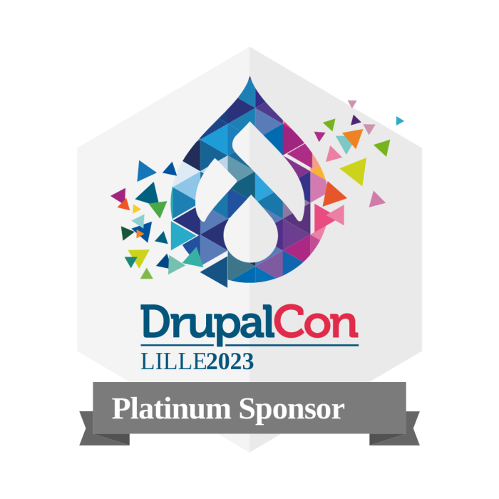 DrupalCon's logo is a drop surrounded by coloured confetti. The words “DrupalCon Lille Platinum Sponsor“ appear underneath it in a grey ribbon